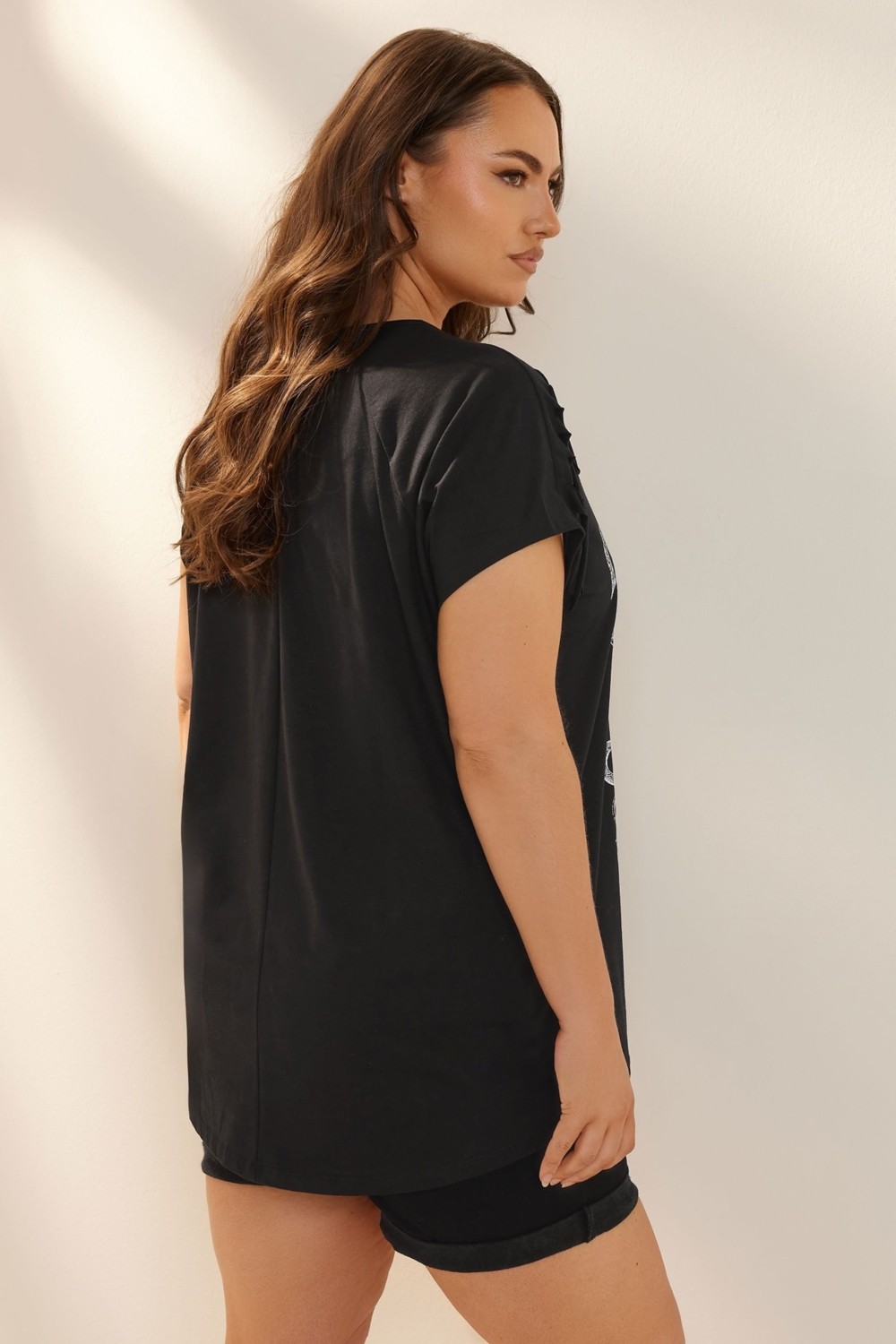 Stil Diva Büyük Beden Bisiklet Yaka Kol Detaylı Kuru Kafa Baskılı T-Shirt 322639 görsel 6