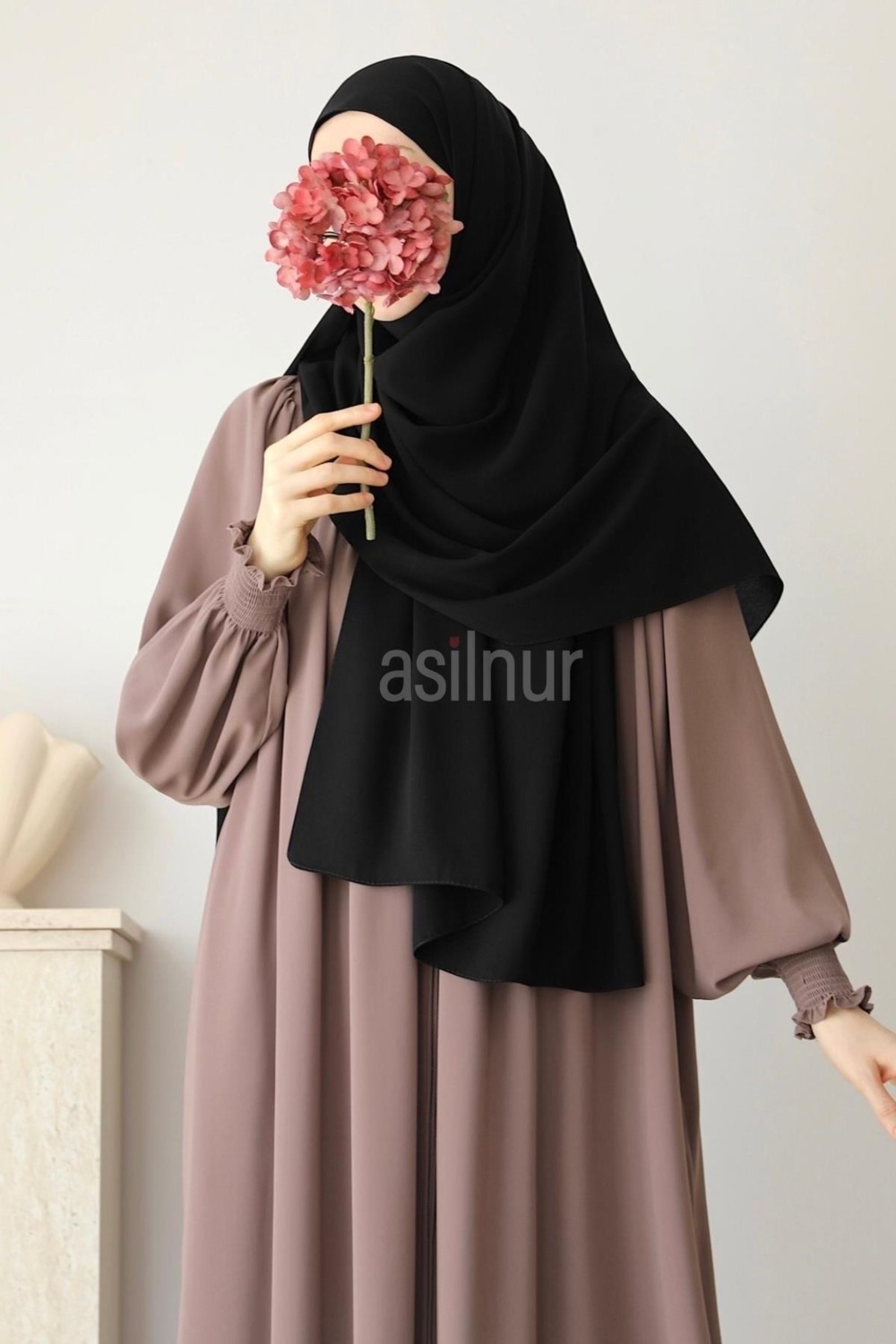 Asilnur Elif Büyük Boy Siyah Şal 70X220 cm Medine İpeği Yumuşak Dokulu Rahat Kullanım
