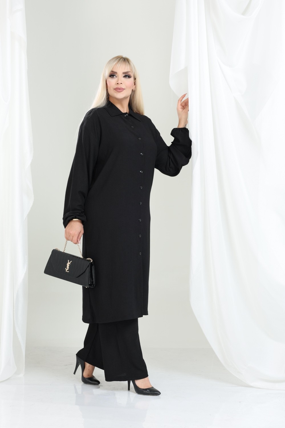 Şuranur Bürümcük Gömlek Yaka Tunik Takım Düğmeli Tesettüre Uygun 2xl 6xl görsel 2