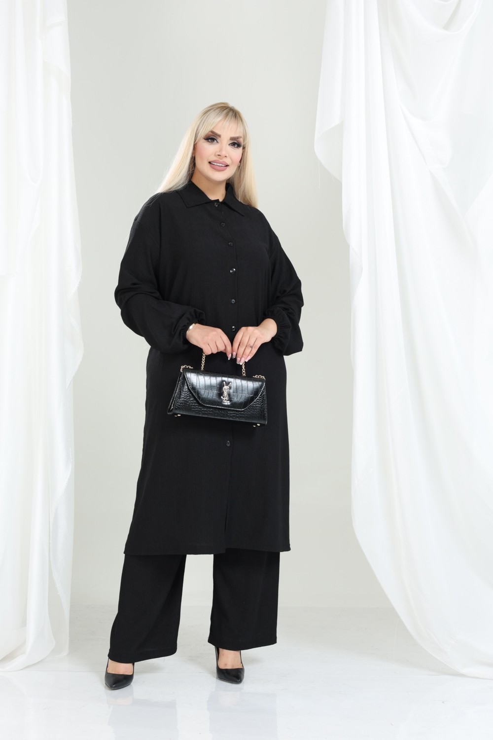 Şuranur Bürümcük Gömlek Yaka Tunik Takım Düğmeli Tesettüre Uygun 2xl 6xl görsel 4