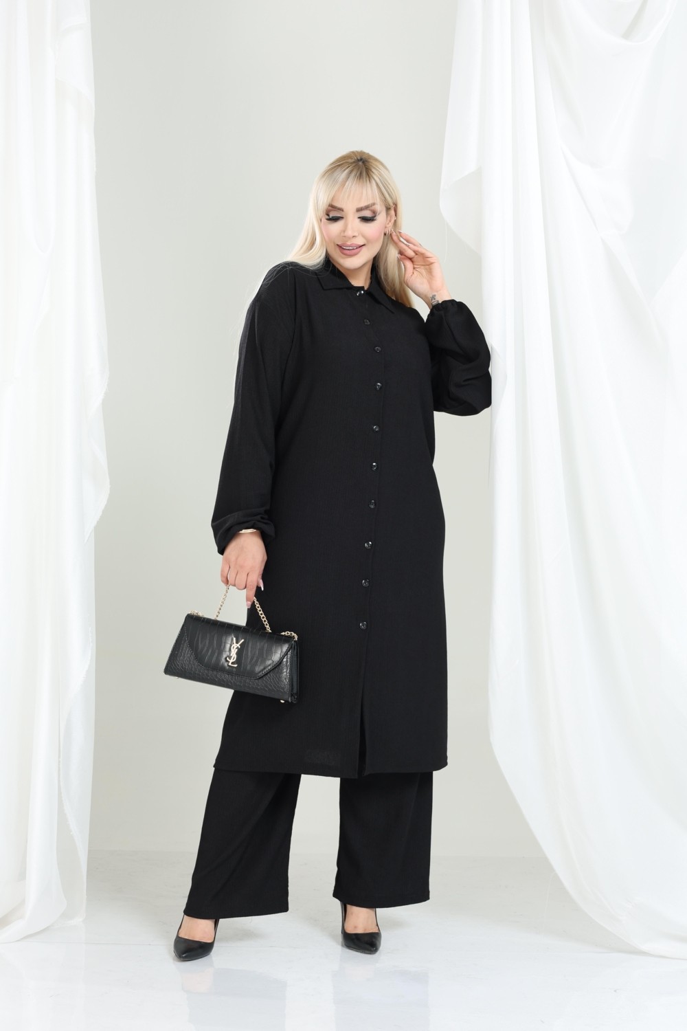 Şuranur Bürümcük Gömlek Yaka Tunik Takım Düğmeli Tesettüre Uygun 2xl 6xl görsel 7