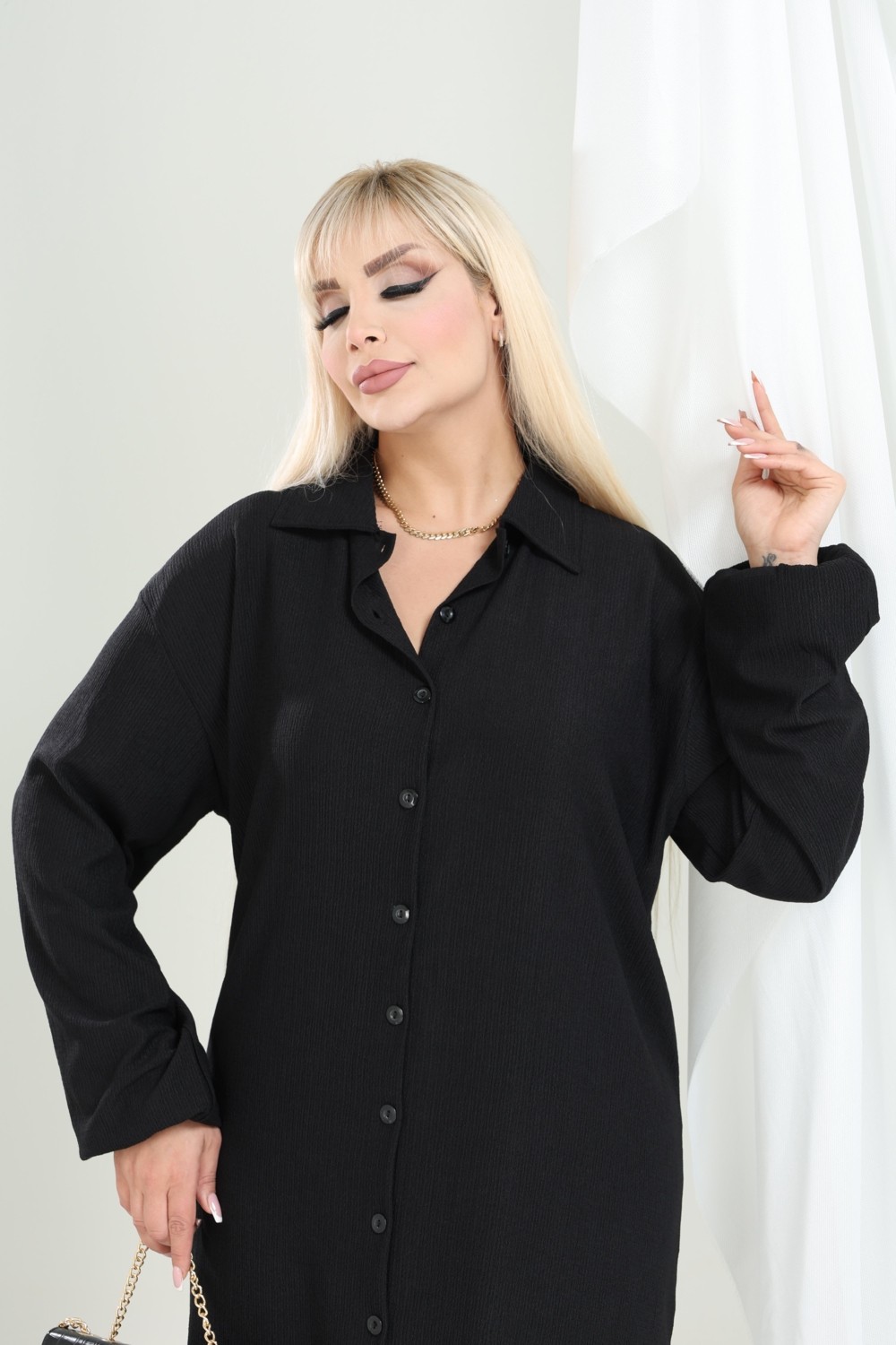 Şuranur Bürümcük Gömlek Yaka Tunik Takım Düğmeli Tesettüre Uygun 2xl 6xl görsel 8