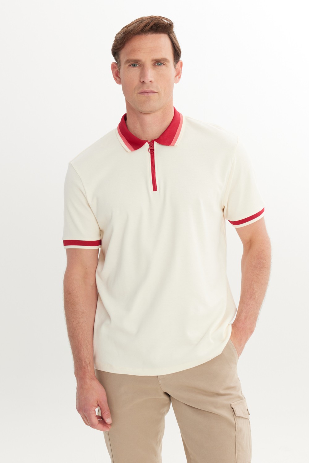 Altınyıldız Classics Erkek Ekru Bordo Regular Fit Rahat Kesim Polo Yaka %100 Pamuk Tişört