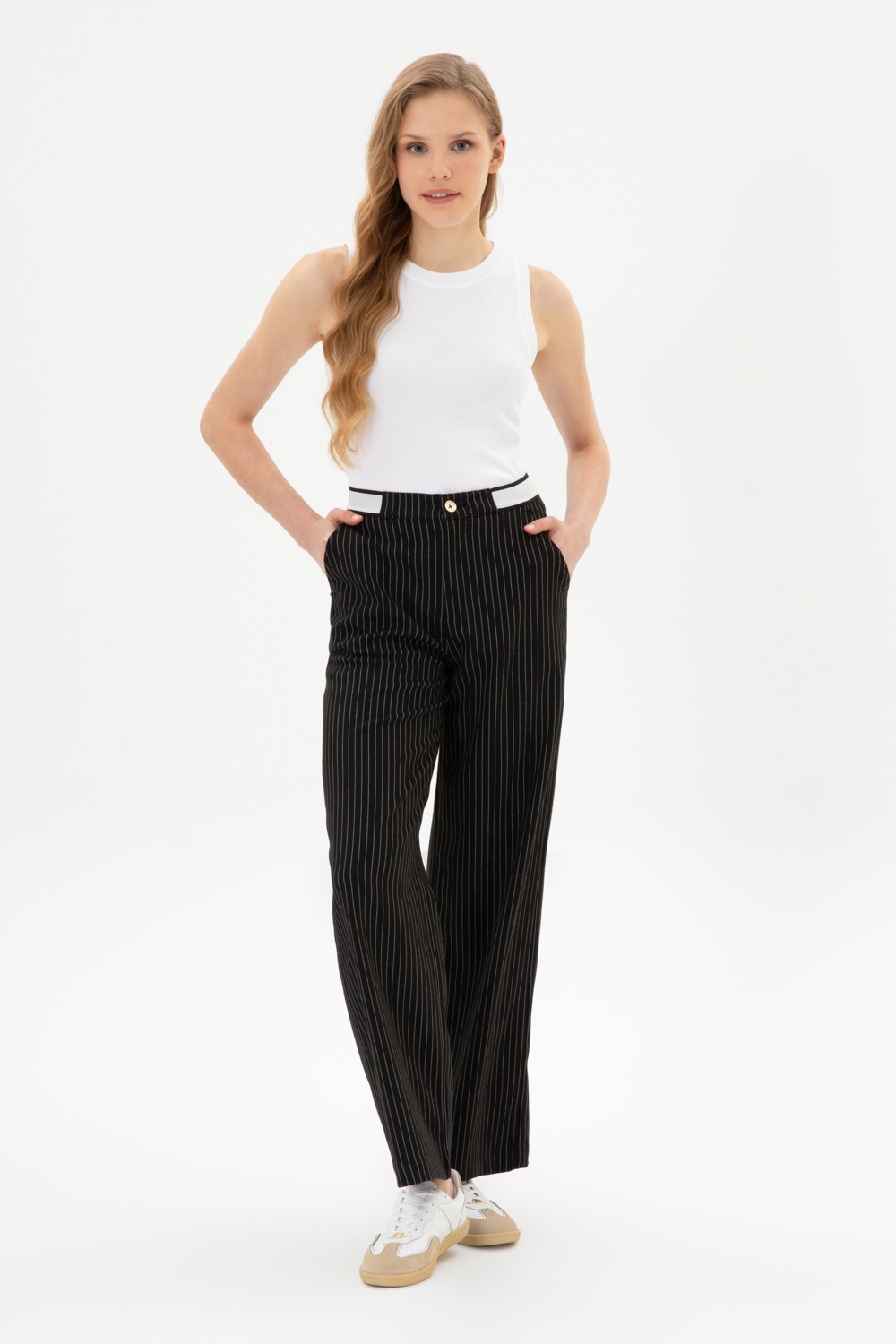 U.S. Polo Assn. Kadın Kahverengi Çizgili Loose Fit Kanvas Pantolon 50317169-VR029