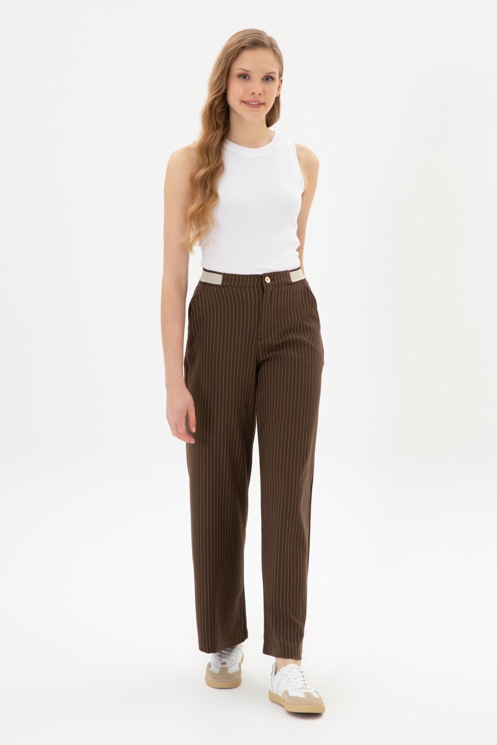 U.S. Polo Assn. Kadın Kahverengi Çizgili Loose Fit Kanvas Pantolon 50317169-VR029 görsel 7