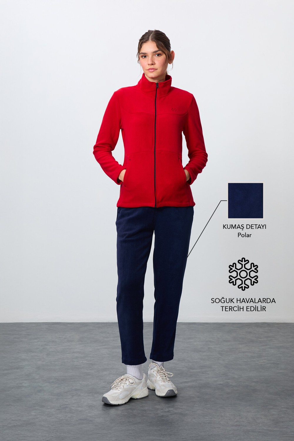 Tommy Life Haki Kalın Yumuşak Dokulu Dik Yaka Oversize Nakışlı Polar Kadın Eşofman Takım -95339