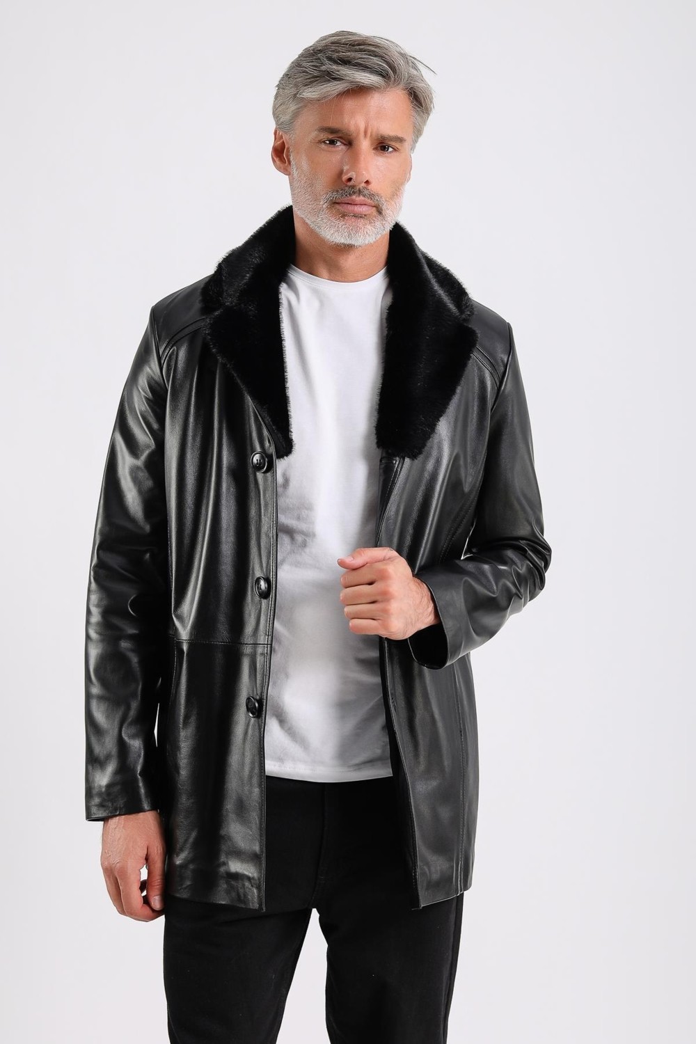 Maroquin Leather Barella Erkek Siyah Yaka Kürklü Deri Kaban