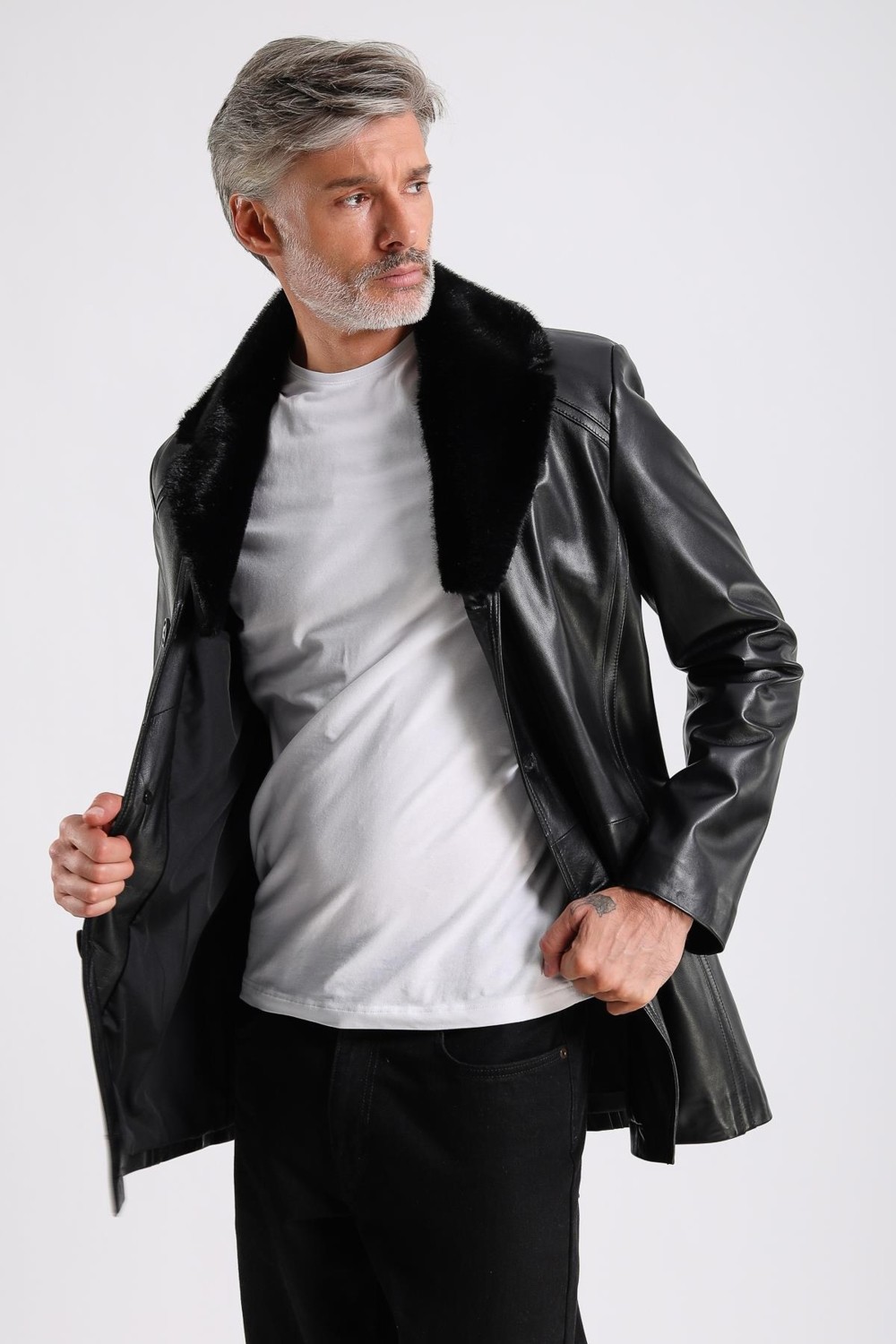 Maroquin Leather Barella Erkek Siyah Yaka Kürklü Deri Kaban görsel 2