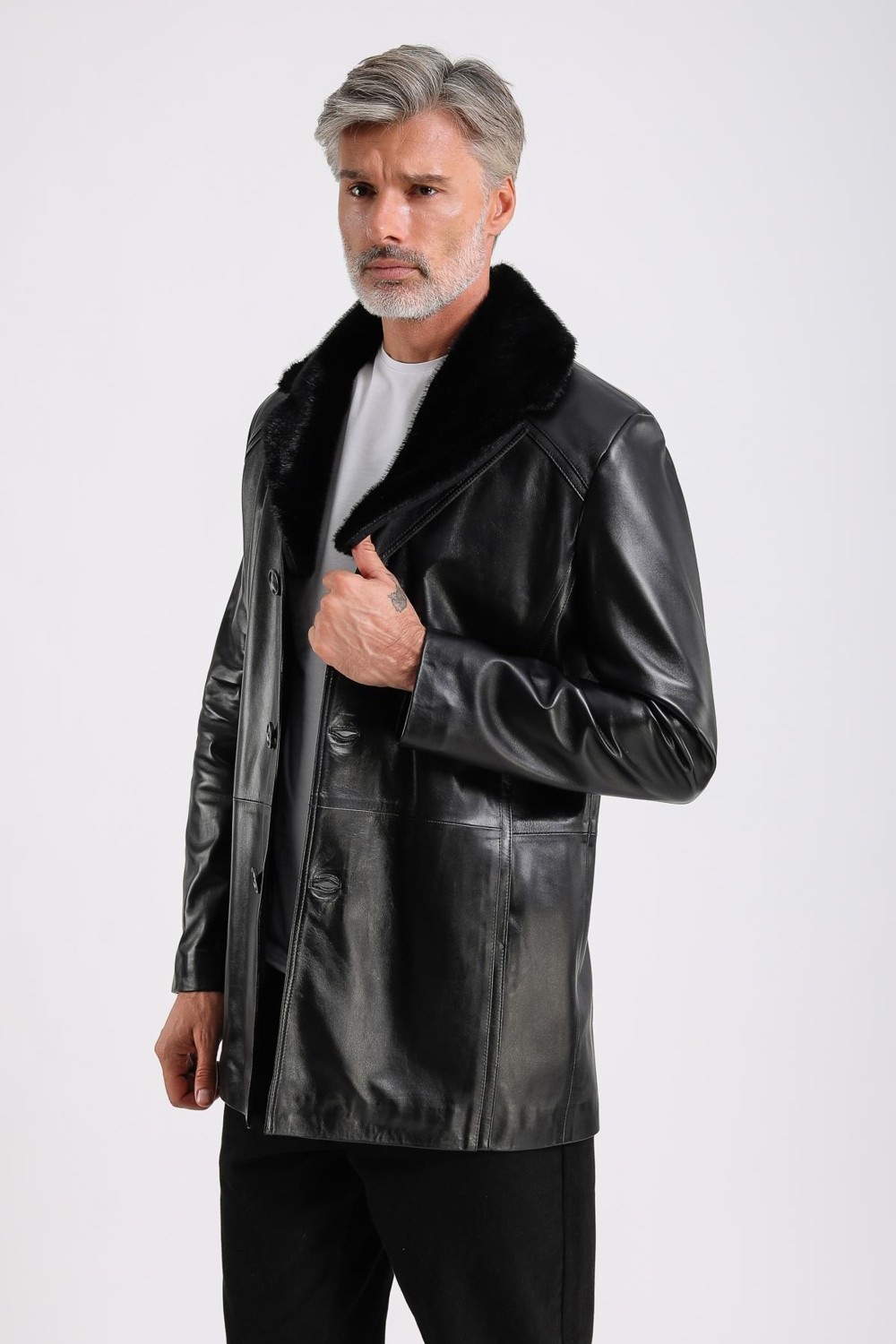 Maroquin Leather Barella Erkek Siyah Yaka Kürklü Deri Kaban görsel 3