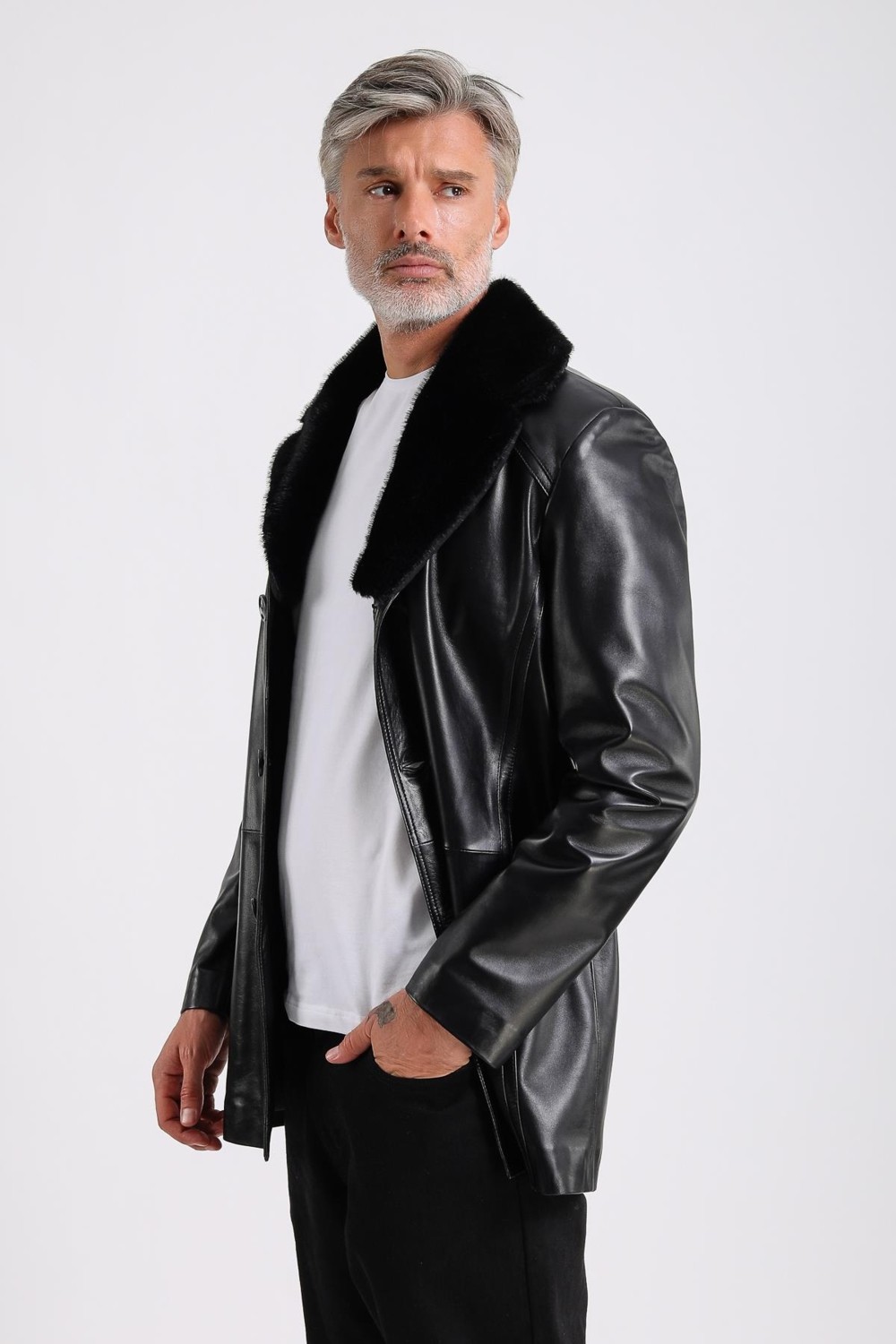 Maroquin Leather Barella Erkek Siyah Yaka Kürklü Deri Kaban görsel 4