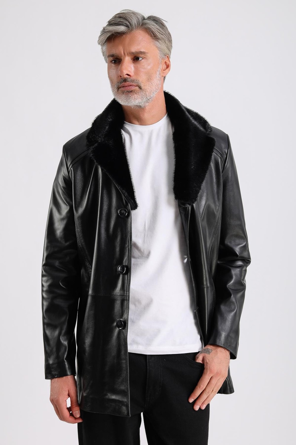 Maroquin Leather Barella Erkek Siyah Yaka Kürklü Deri Kaban görsel 5