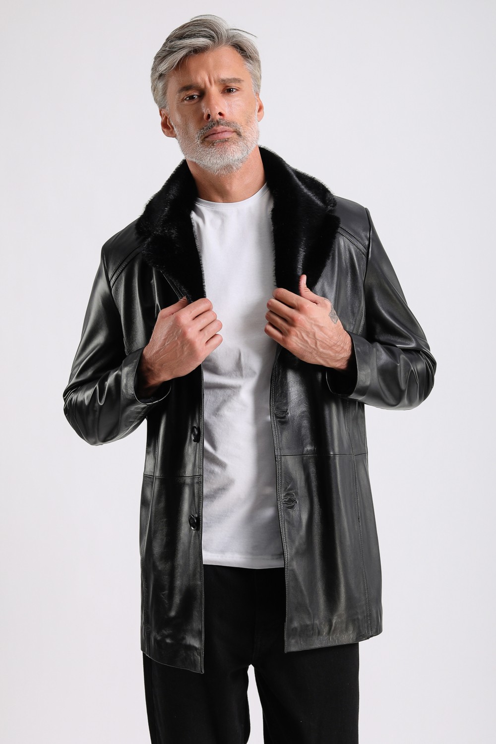 Maroquin Leather Barella Erkek Siyah Yaka Kürklü Deri Kaban görsel 7