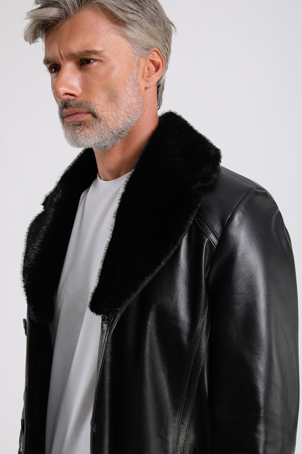 Maroquin Leather Barella Erkek Siyah Yaka Kürklü Deri Kaban görsel 8