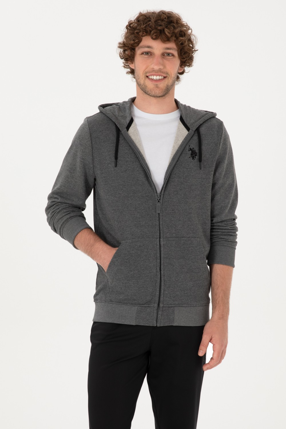 U.S. Polo Assn. Erkek Regular Fit Fermuarlı Kapüşonlu Açık Gri Örme Hırka 50313748-VR001 görsel 8