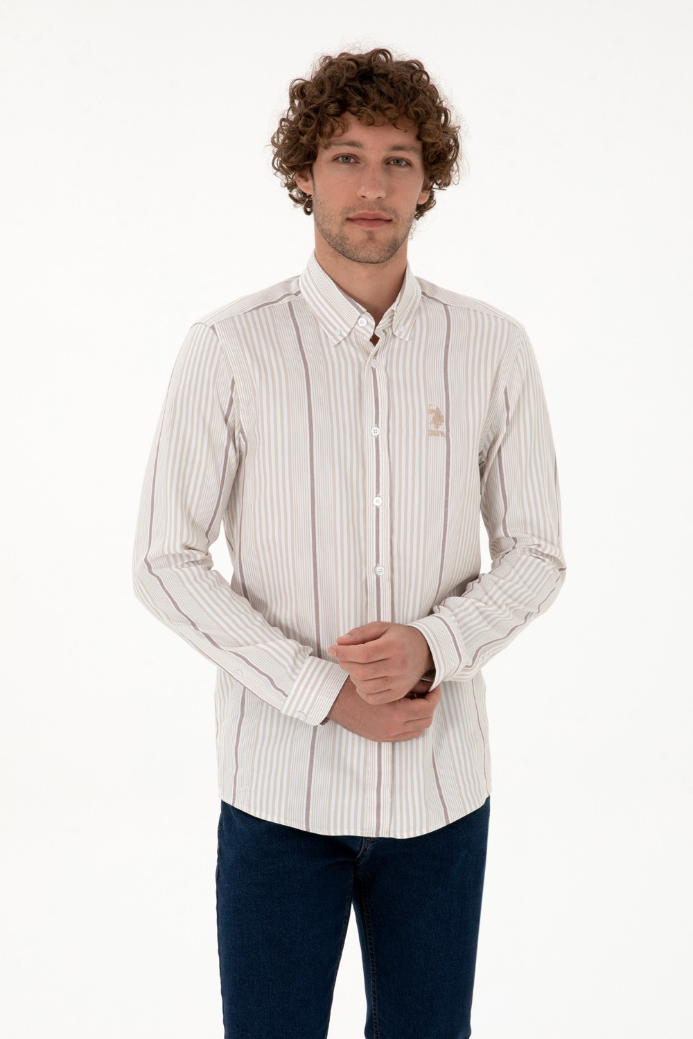 U.S. Polo Assn. Erkek Beyaz Çizgili Uzun Kollu Açık Mavi Gömlek 50316573-VR003