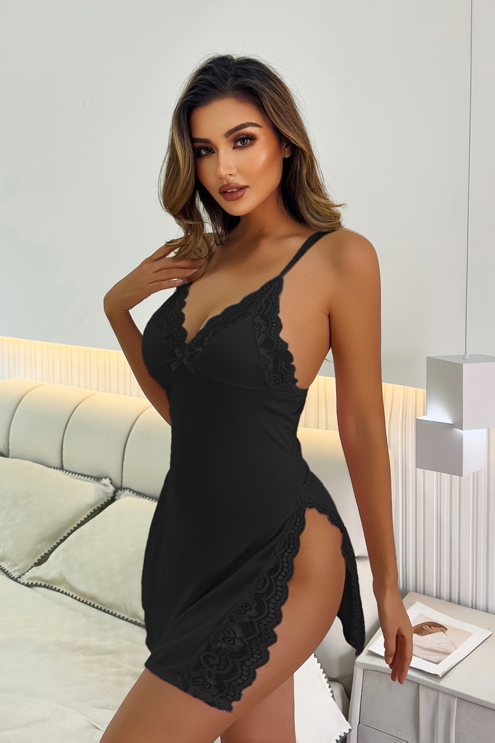 Merry See Kadın Dantelli Gecelik Kırmızı 90% Polyester Askılı Mini Derin Yırtmaçlı