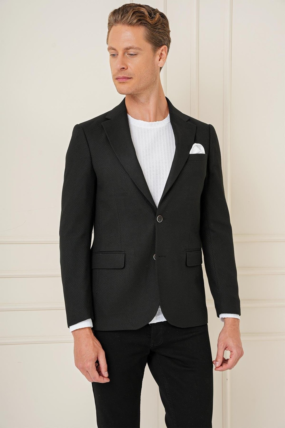Efor Erkek Slim Fit Yünlü Örgü Dokuma Çift Yırtmaç Haki Ceket C 685 görsel 4