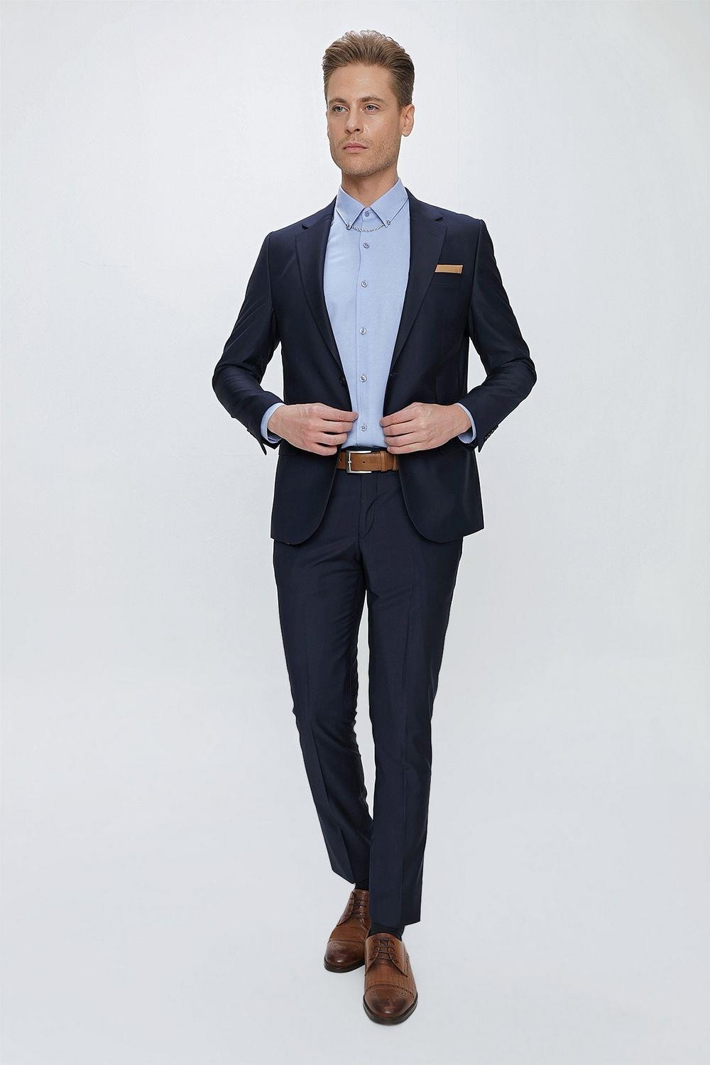 Efor Erkek Slim Fit Klasik Mono Yaka Klasik Düz Siyah Takım Elbise Tk 2021 görsel 6