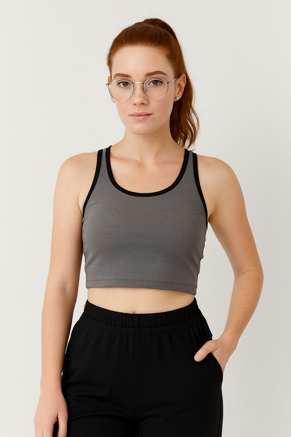 Tommy Life Lacivert Basic Sıfır Kol Dar Kalıp U Yaka Kadın Crop Top Atlet - 97162