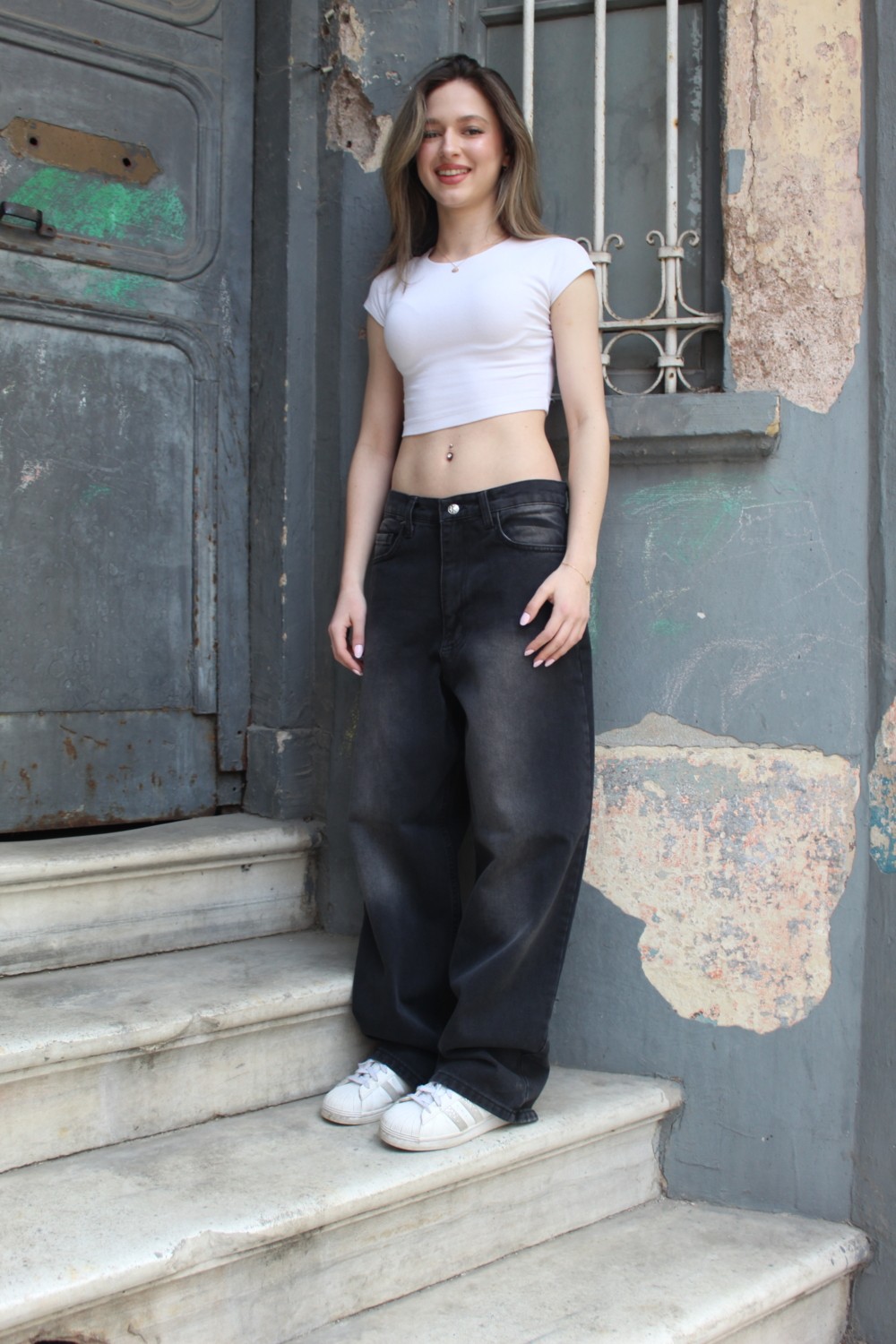 St.Poll St. Poll Siyah Eskitme Yıkama Unisex Baggy jeans Pantolon görsel 2