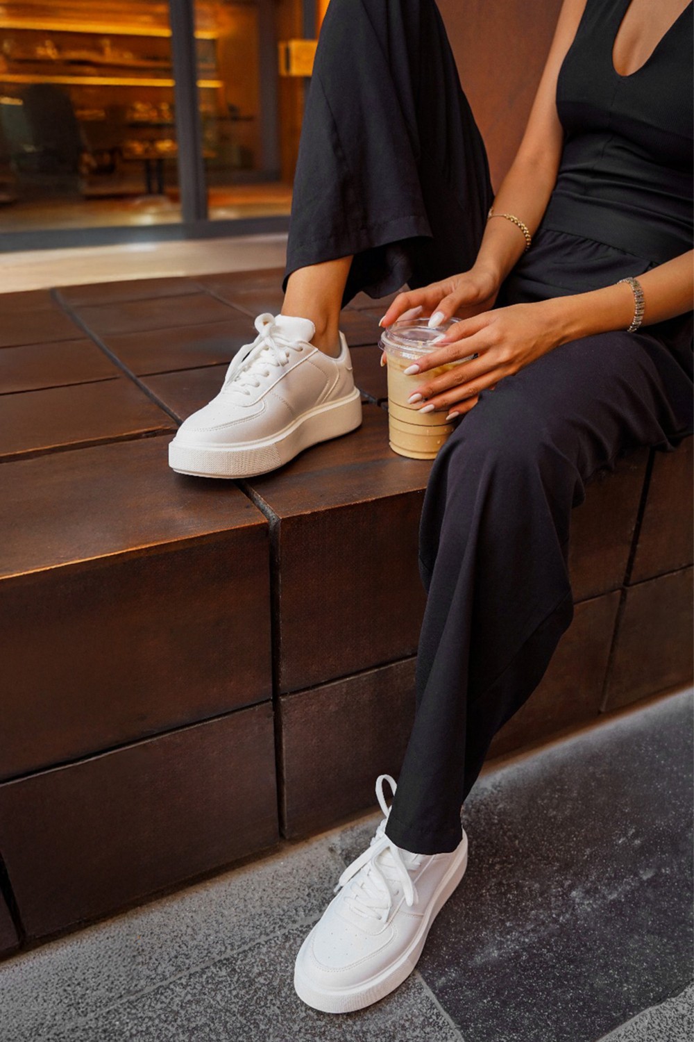 Marjin Kadın Sneaker Yüksek Taban Bağcıklı Spor Ayakkabı Azin Beyaz görsel 6