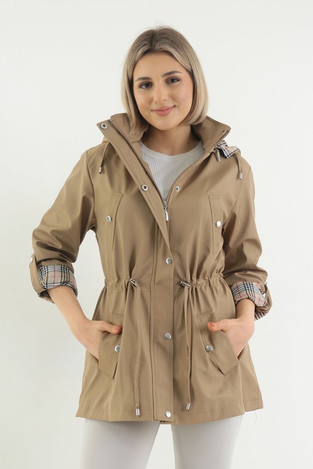 TUTveAL Collection Kadın Suya Dayanıklı Trençkot Kapüşonlu Ekoseli Vizon Trençkot Bonded Kumaş Trençkot