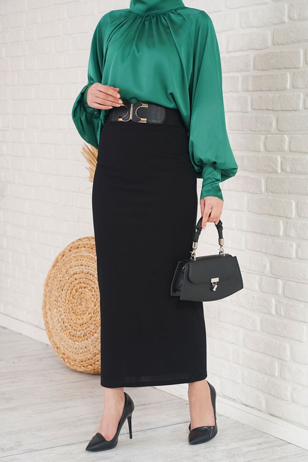 Eceylül Moda Bel Lastikli Likralı Kalem Etek Siyah