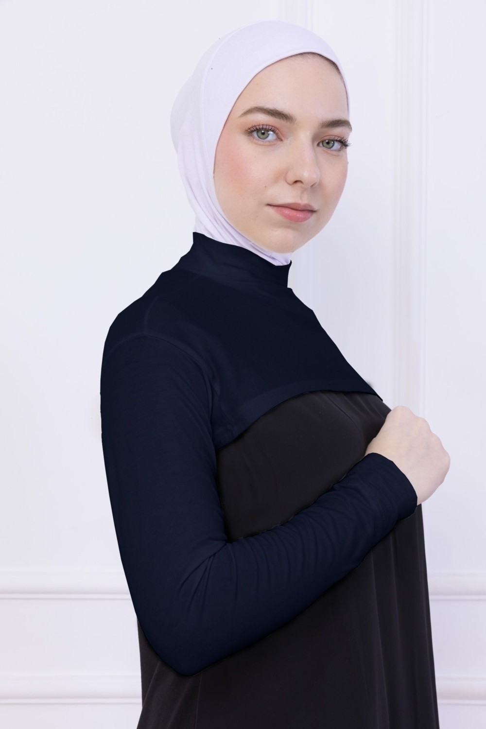Loggia Balıkçı Yaka Boyunluklu Kolluk - Likralı Kadın Body Tesettür Crop Bolero Lacivert