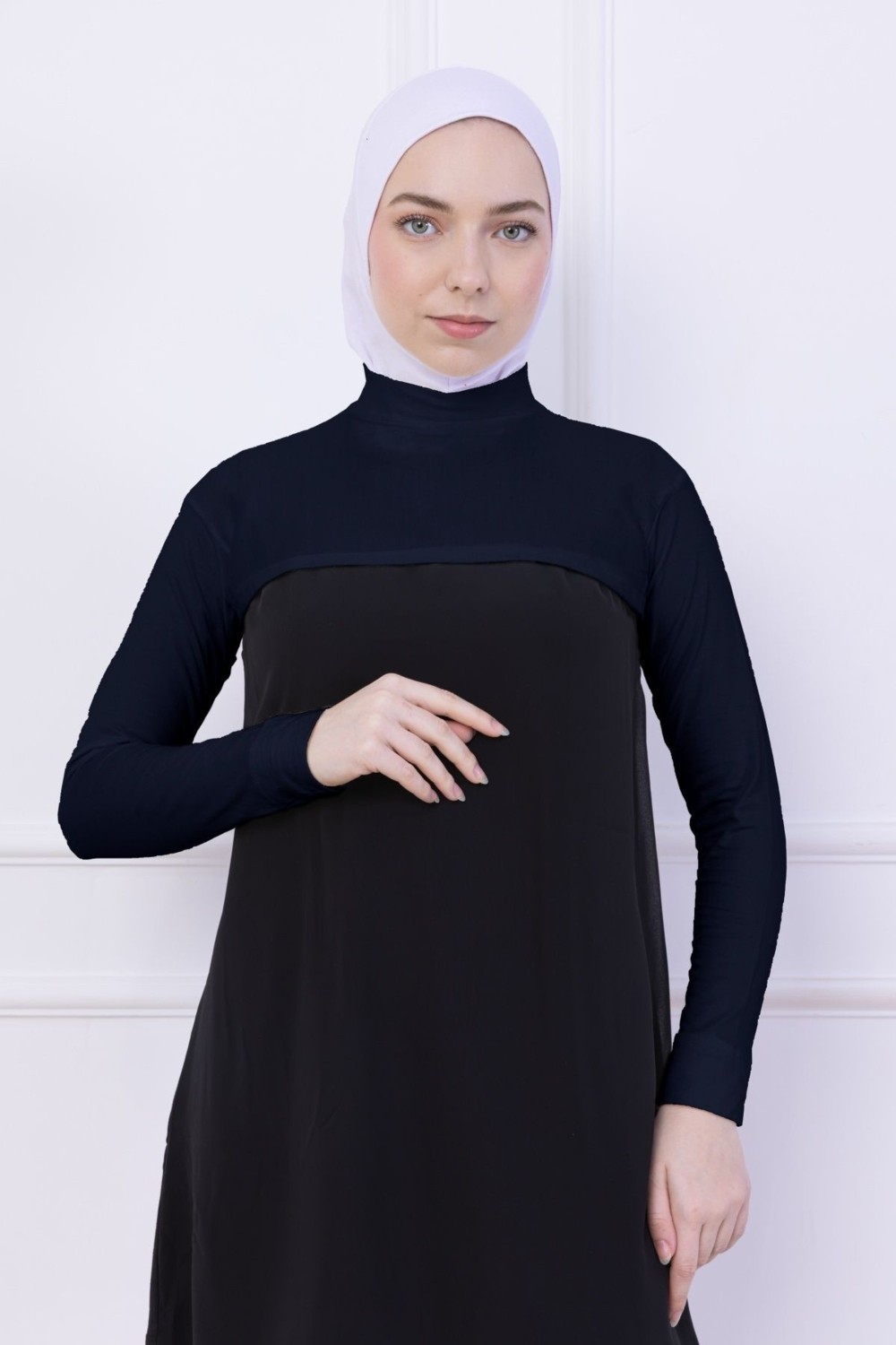 Loggia Balıkçı Yaka Boyunluklu Kolluk - Likralı Kadın Body Tesettür Crop Bolero Lacivert görsel 2