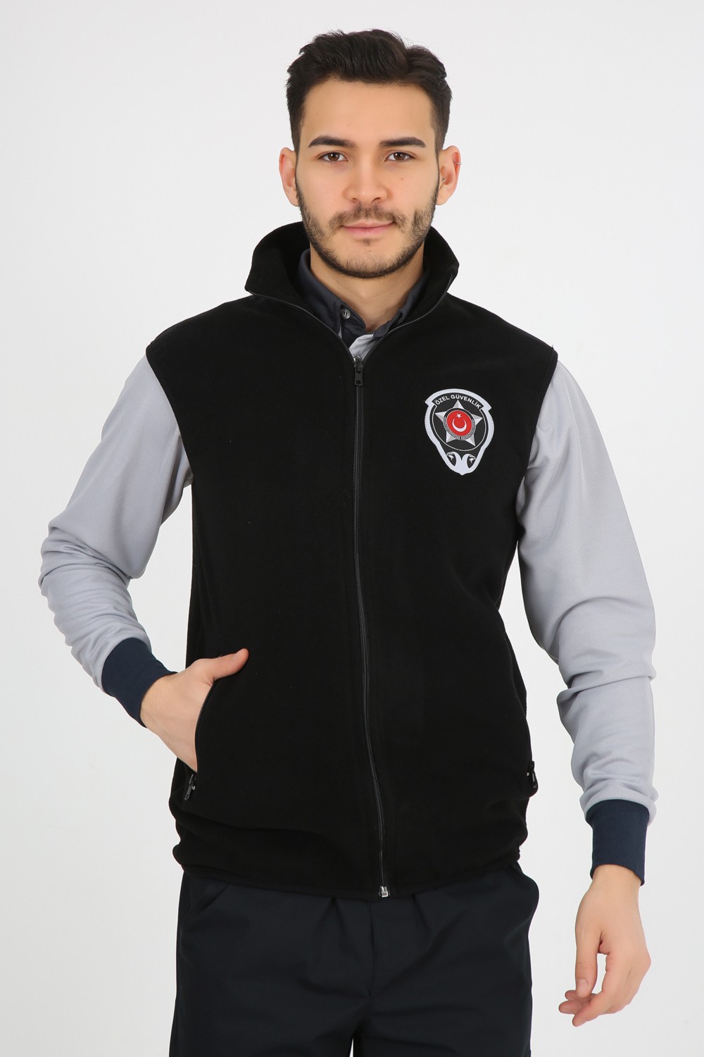 Moda Canel Siyah Özel Güvenlik Erkek Polar Yelek (Armalı ve Sırt Nakışlı)