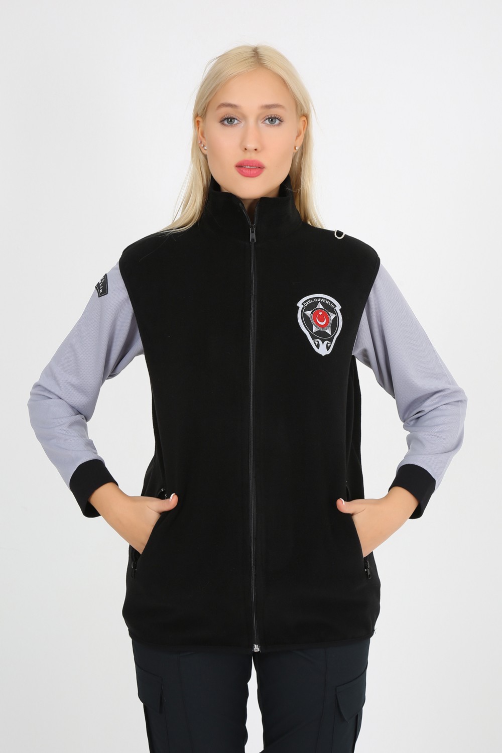 Moda Canel Siyah Özel Güvenlik Bayan Polar Yelek (Armalı ve Sırt Nakışlı)