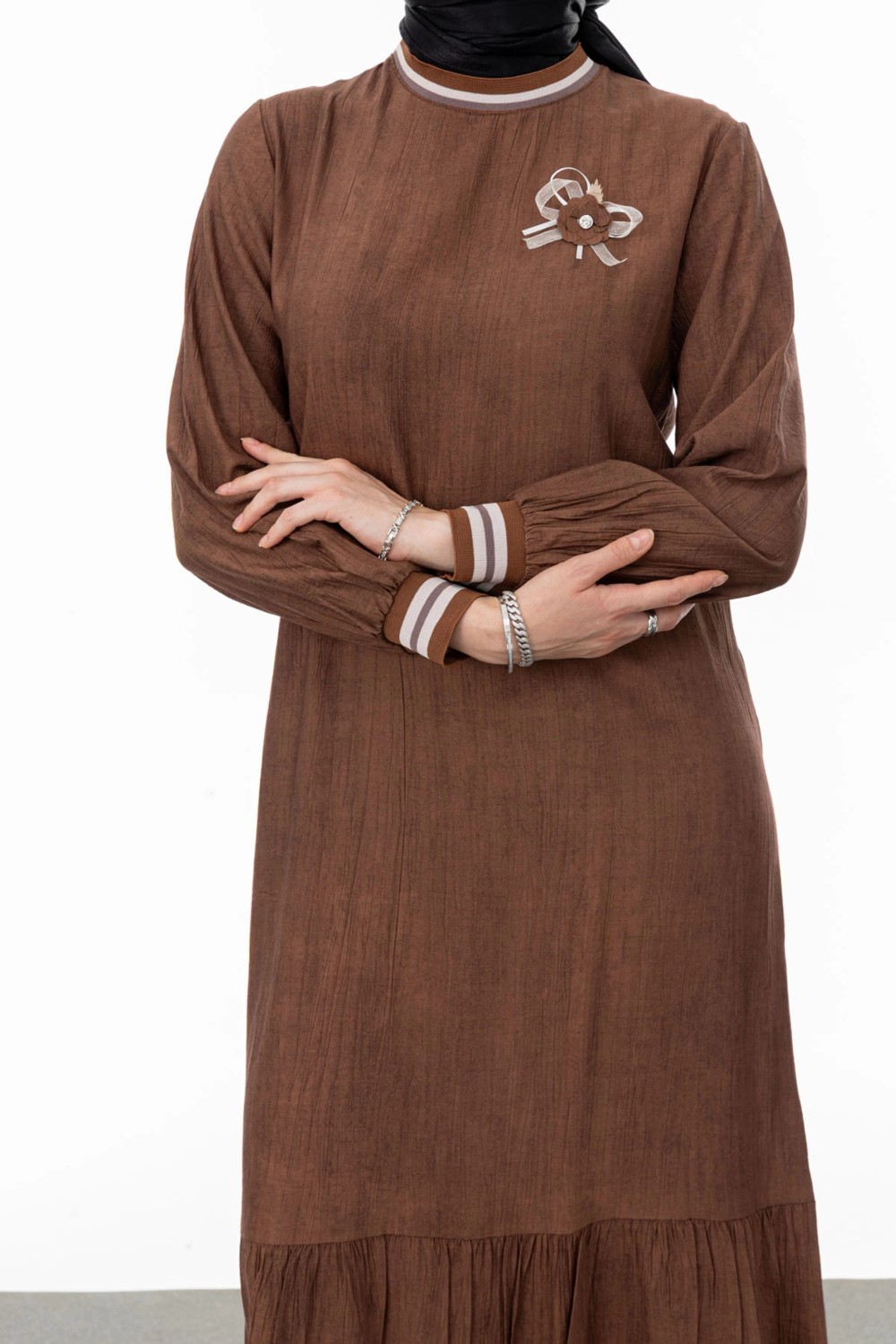 Letafet Ribanalı Eteği Büzgülü Elbise - Kahve görsel 4
