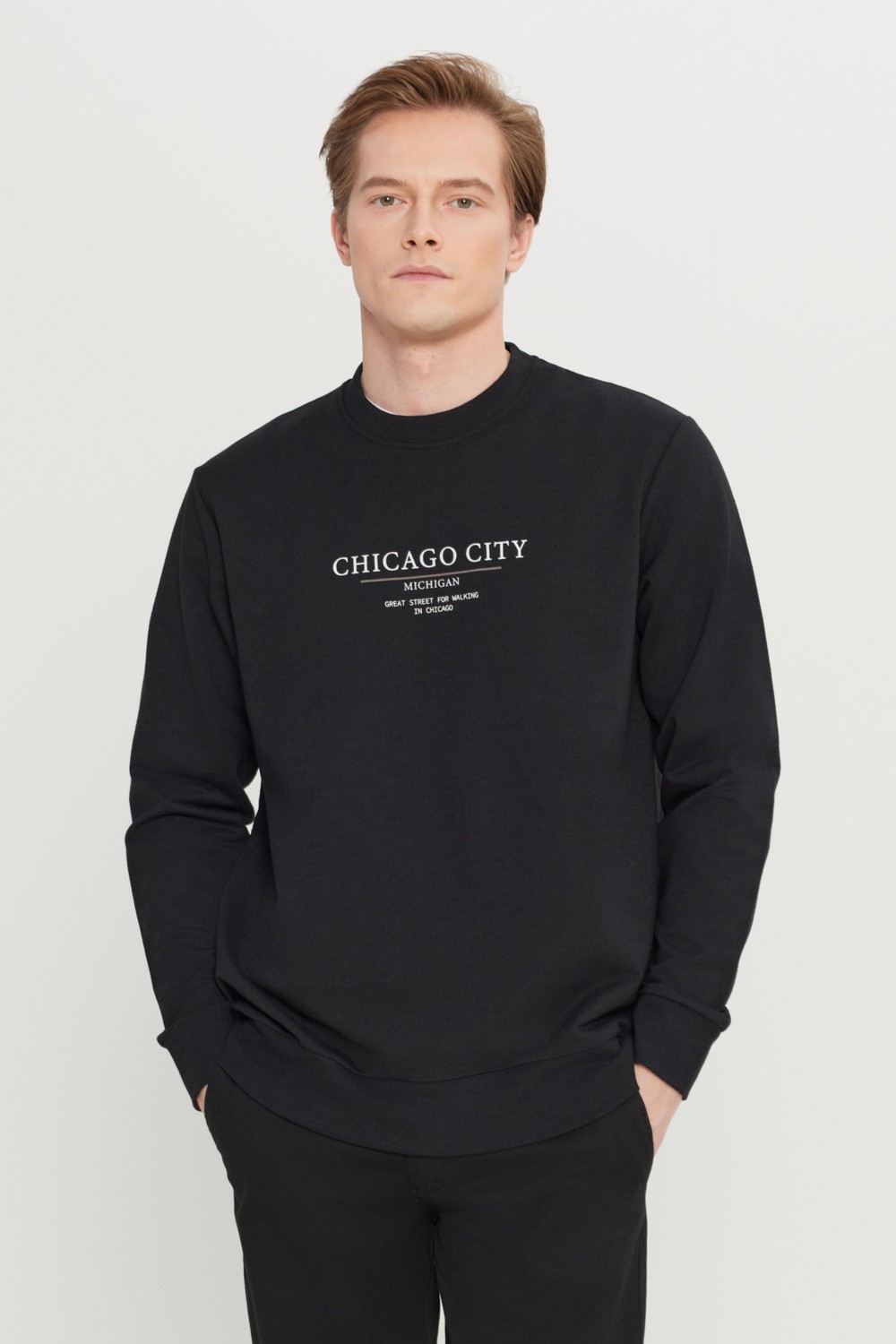Altınyıldız Classics Erkek Siyah 2 İplik Pamuklu Standart Fit Normal Kesim Bisiklet Yaka Sweatshirt görsel 6