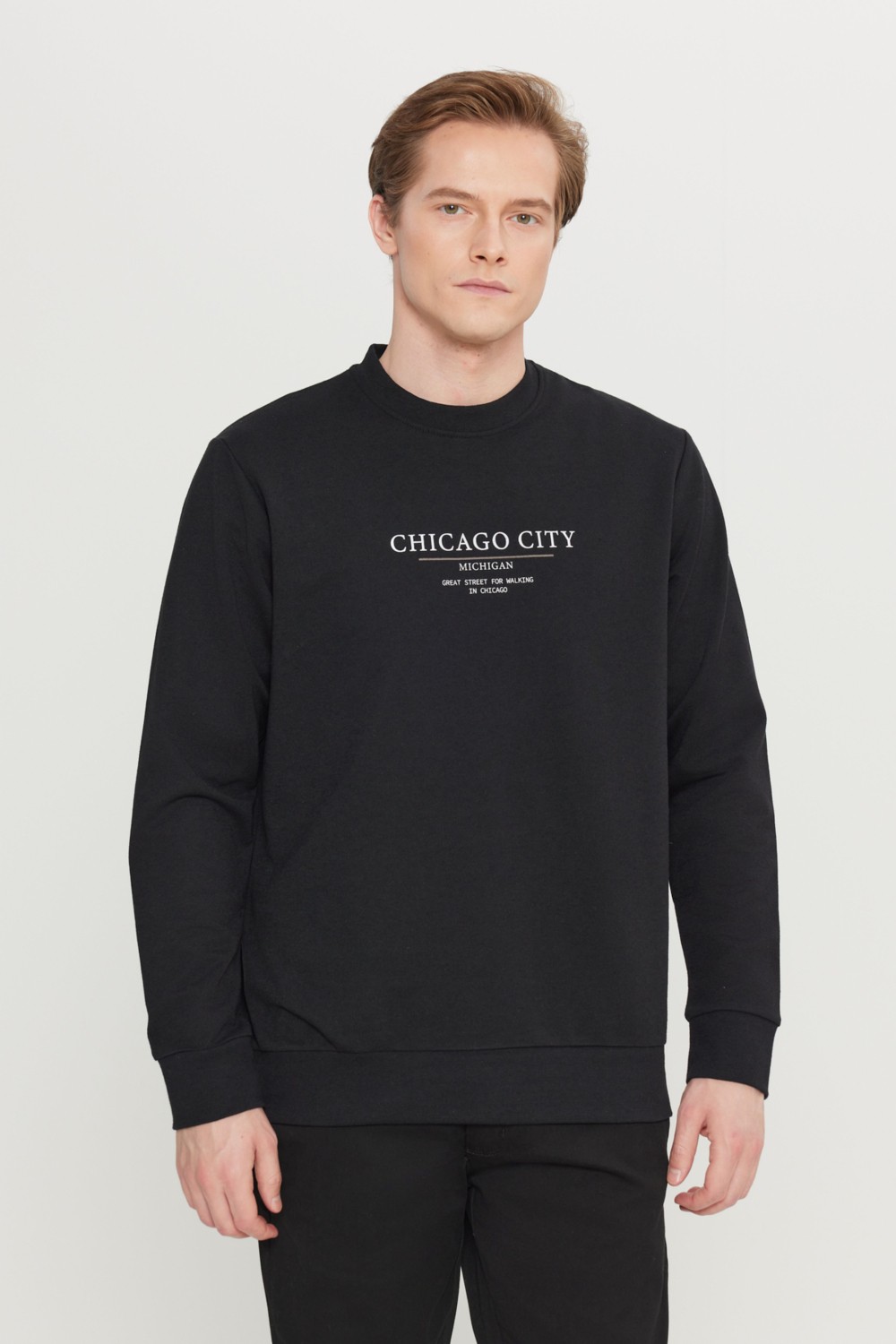 Altınyıldız Classics Erkek Siyah 2 İplik Pamuklu Standart Fit Normal Kesim Bisiklet Yaka Sweatshirt görsel 8