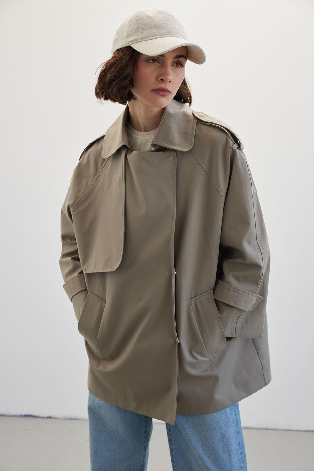 Manuka Kadın Oversize Kısa Trençkot, Pamuk Polyester, Düz Desen, Rüzgarlık ve Apoletli, Çağla Yeşili Baharlık görsel 8