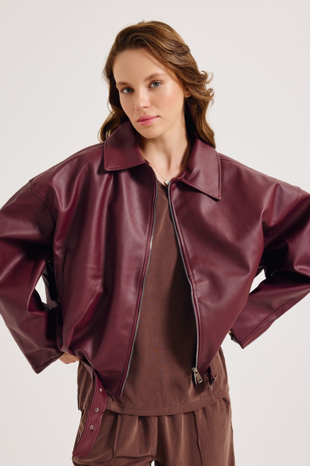 Meecy Woman Kadın Yeni Sezon Oversize Bomber Deri Ceket