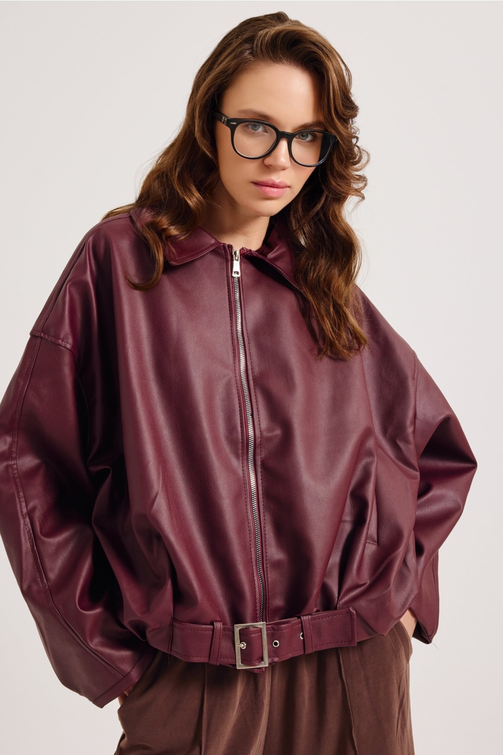 Meecy Woman Kadın Yeni Sezon Oversize Bomber Deri Ceket görsel 8
