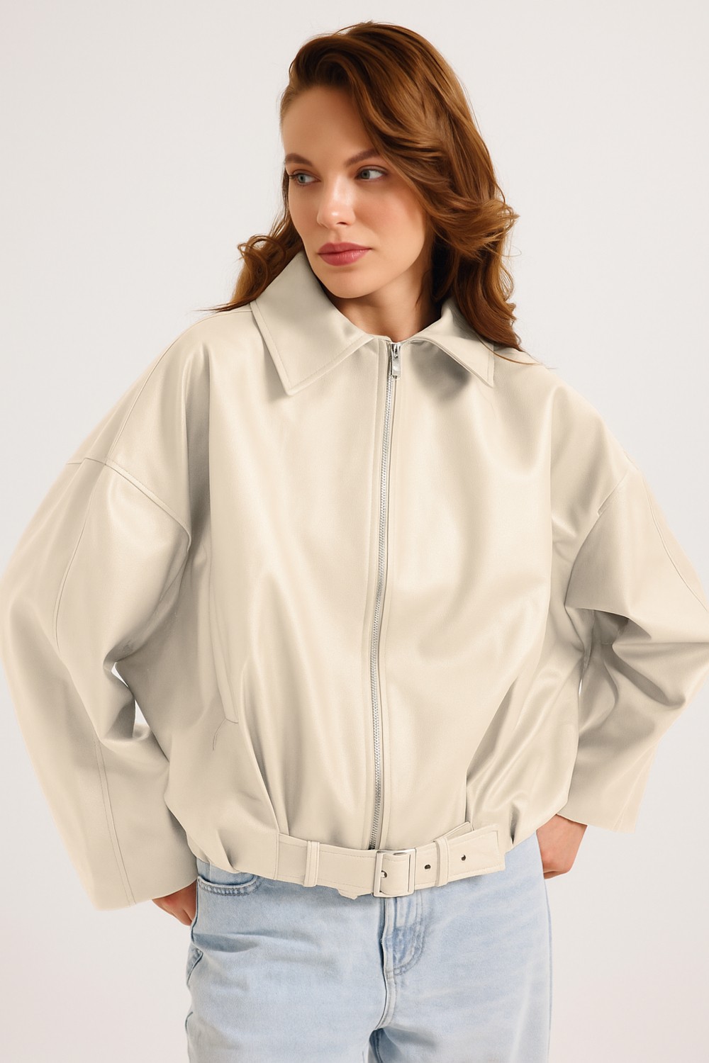Meecy Woman Kadın Yeni Sezon Oversize Bomber Deri Ceket