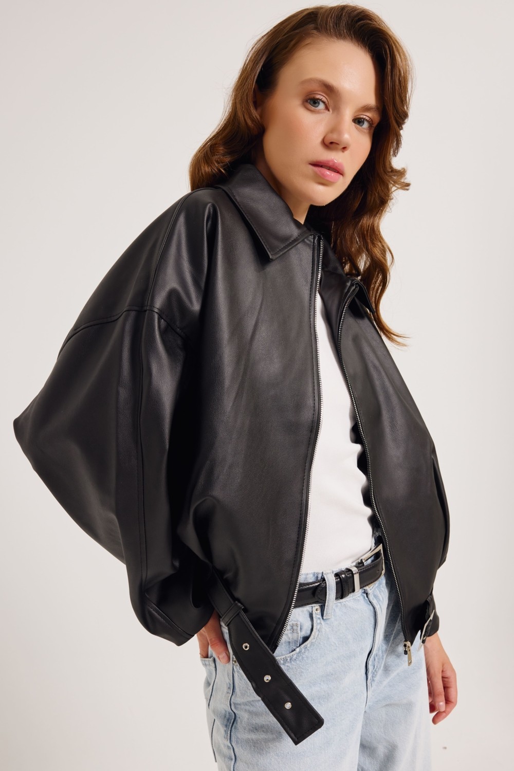 Meecy Woman Kadın Yeni Sezon Oversize Bomber Deri Ceket