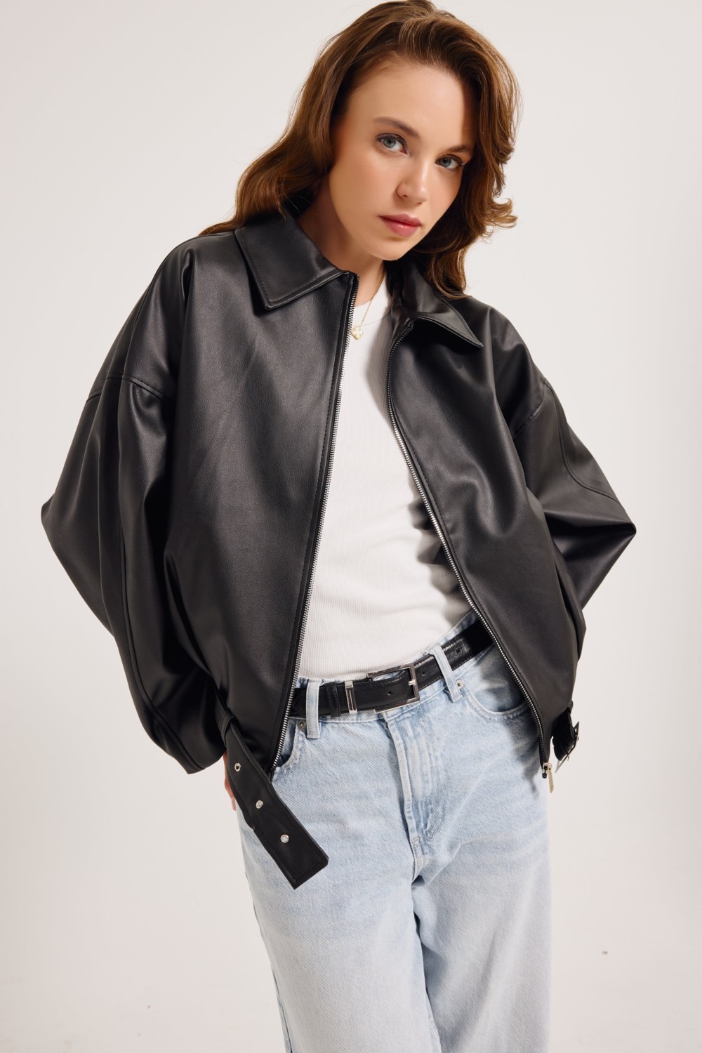 Meecy Woman Kadın Yeni Sezon Oversize Bomber Deri Ceket görsel 5