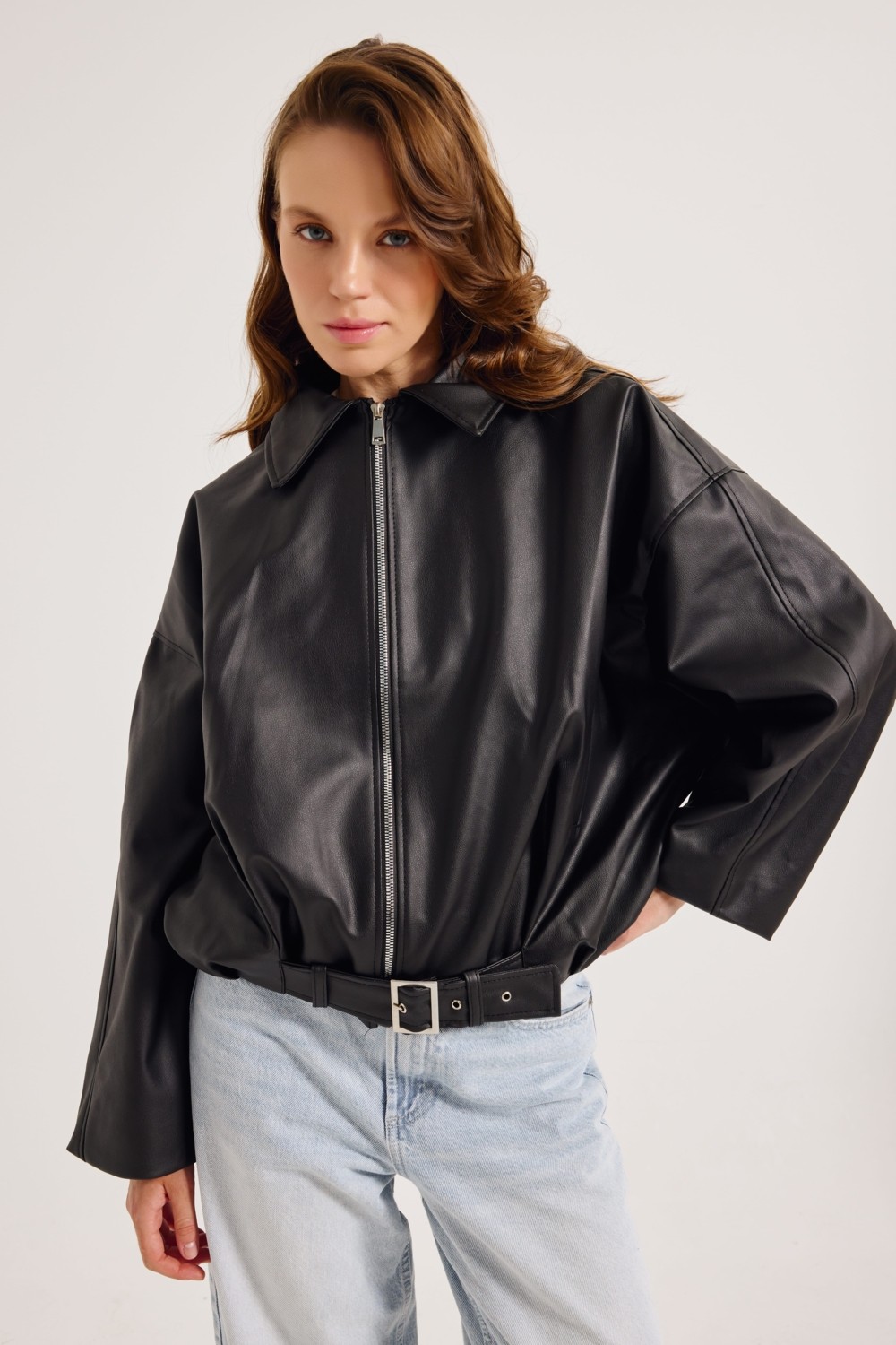 Meecy Woman Kadın Yeni Sezon Oversize Bomber Deri Ceket görsel 6