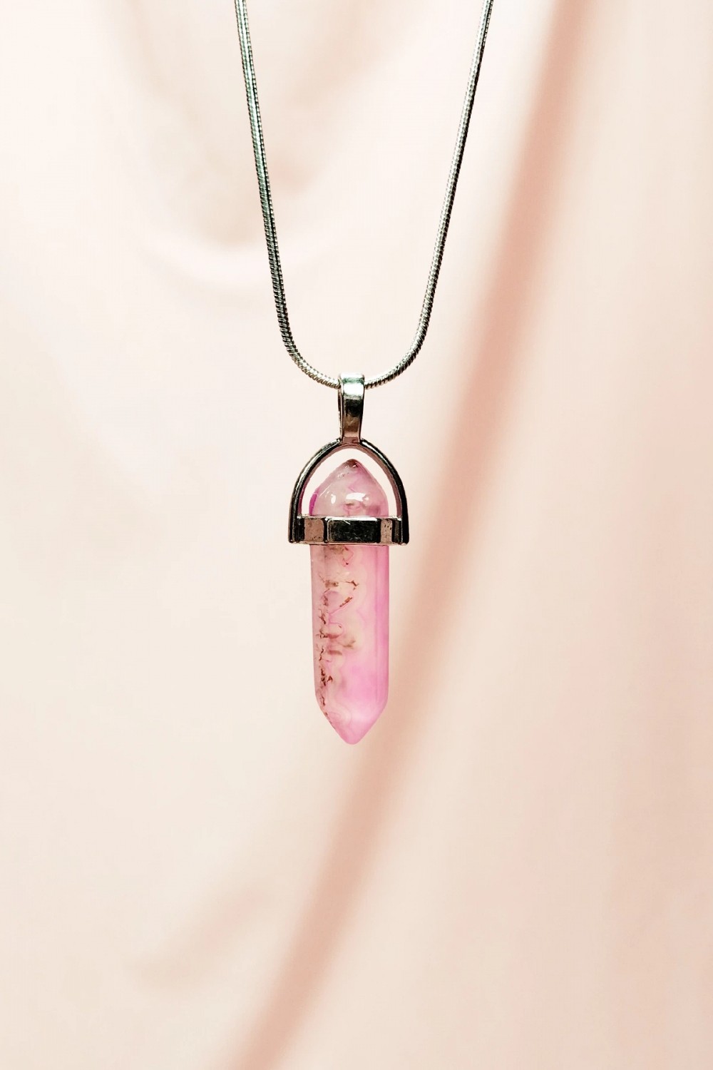 Marsilyan Pembe Kuvars Doğal Taşı Zincirli El Yapımı Tasarımlı Kolye Uç: 3,5 cm Zincir: 20 cm Kutulu