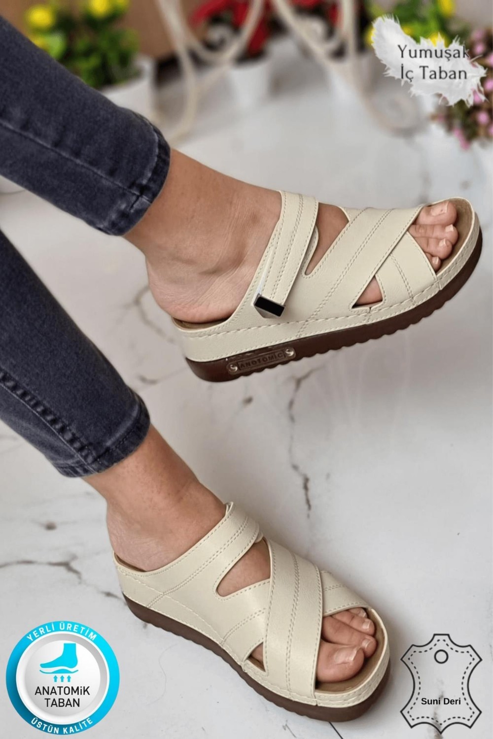 Neon Shoes Budi Kadın Şık Konforlu Günlük Terlik Anatomik Ortopedik Taban Suni Deri Anne Dışarı Ev Terliği görsel 8