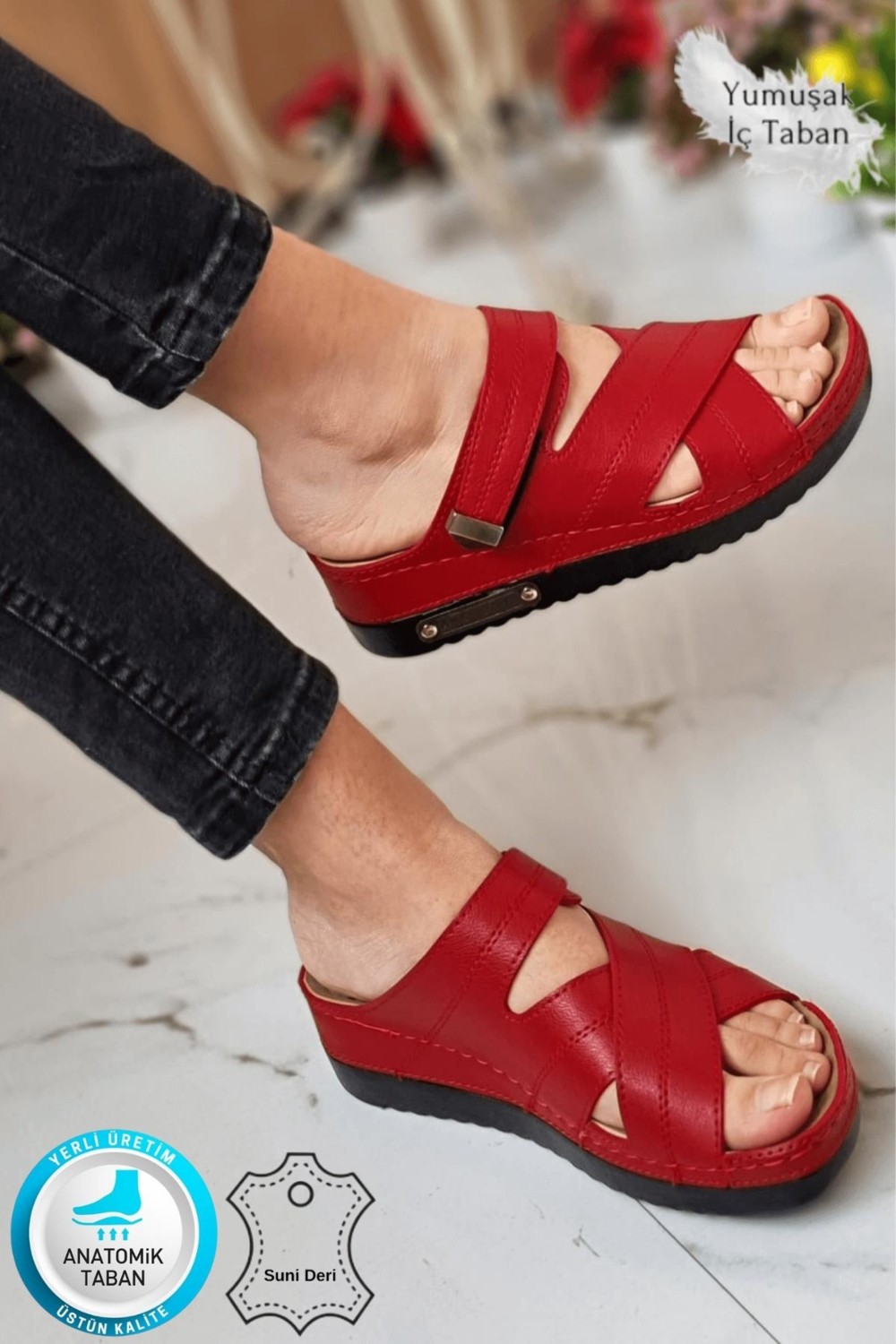 Neon Shoes Budi Kadın Şık Konforlu Günlük Terlik Anatomik Ortopedik Taban Suni Deri Anne Dışarı Ev Terliği