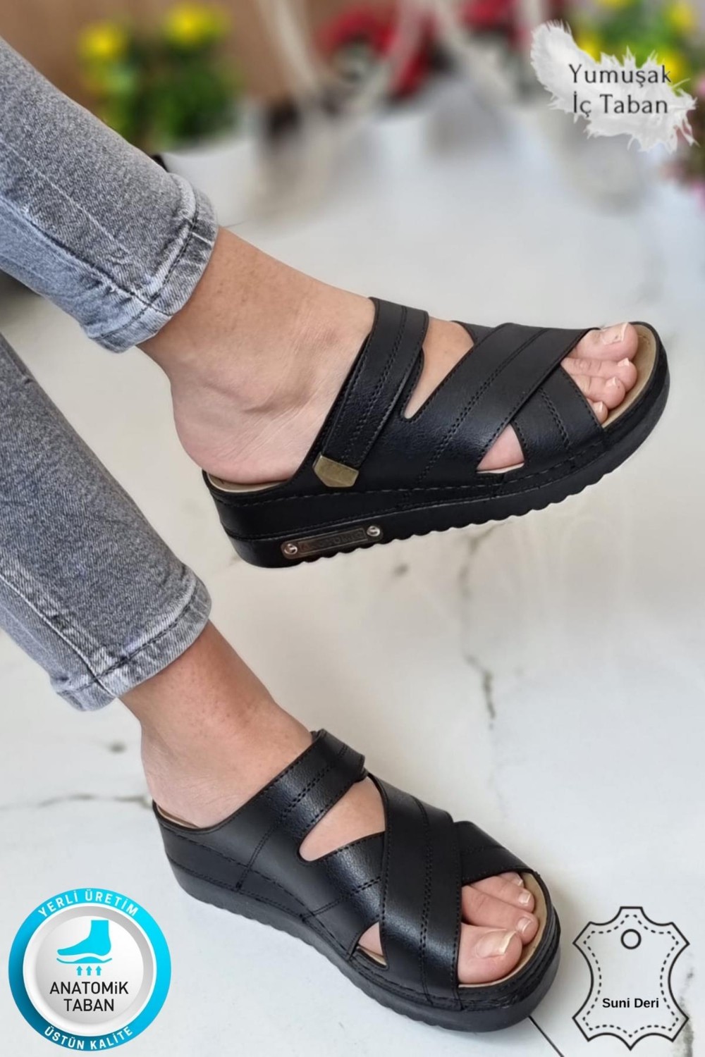 Neon Shoes Budi Kadın Şık Konforlu Günlük Terlik Anatomik Ortopedik Taban Suni Deri Anne Dışarı Ev Terliği görsel 2