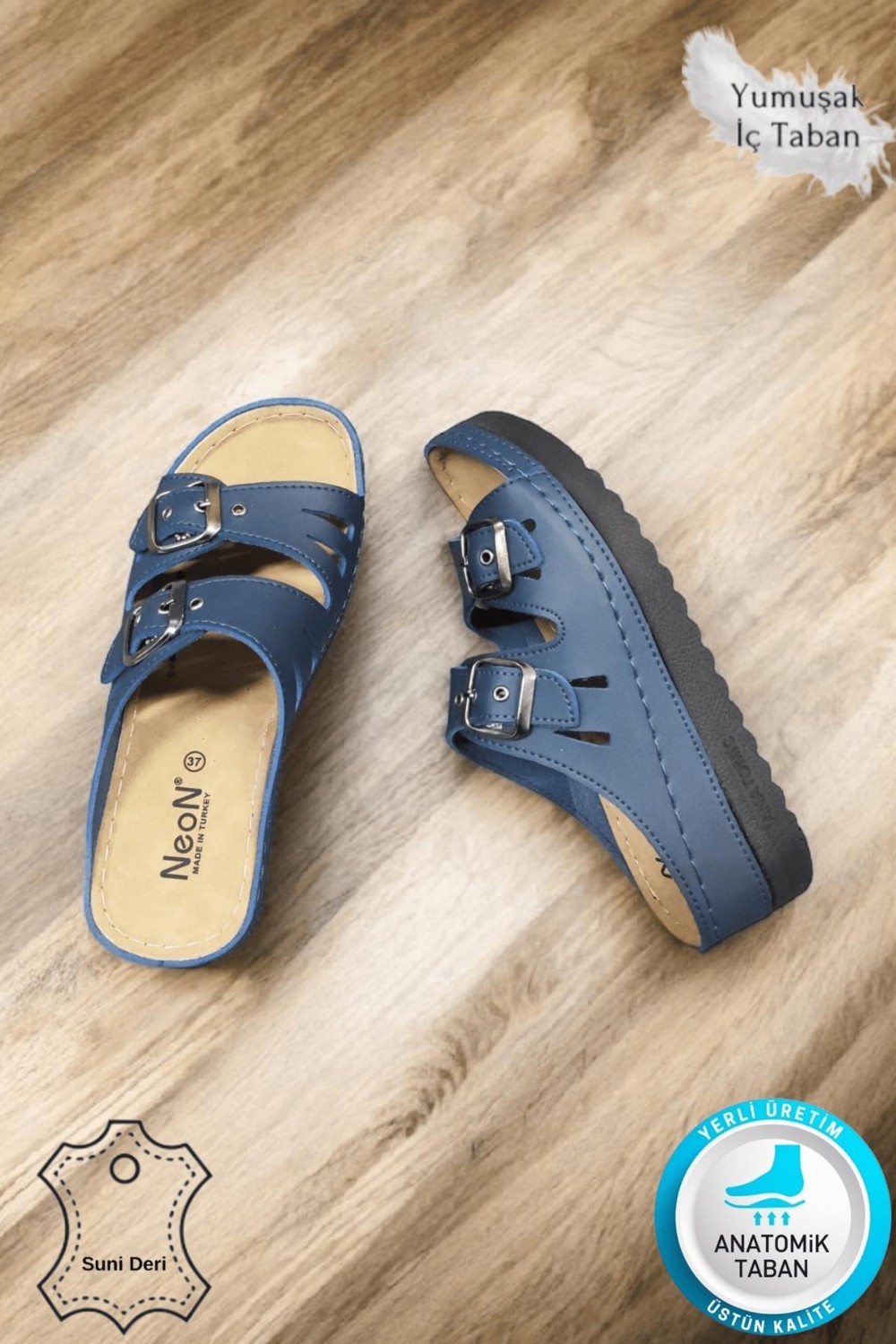 Neon Shoes Darma Kadın Günlük Terlik Çift Bant Taşlı Tokalı Ortopedik Taban Anne Dışarı & Ev İçi Terliği