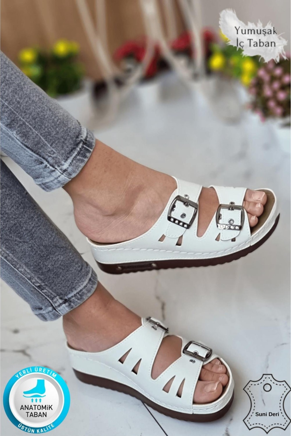 Neon Shoes Darma Kadın Günlük Terlik Çift Bant Taşlı Tokalı Ortopedik Taban Anne Dışarı & Ev İçi Terliği görsel 2