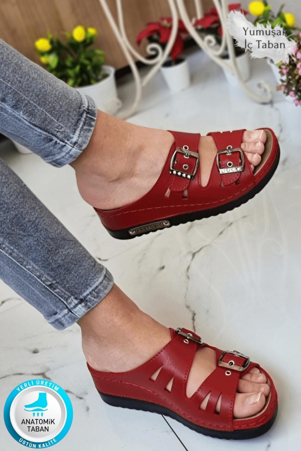 Neon Shoes Darma Kadın Günlük Terlik Çift Bant Taşlı Tokalı Ortopedik Taban Anne Dışarı & Ev İçi Terliği