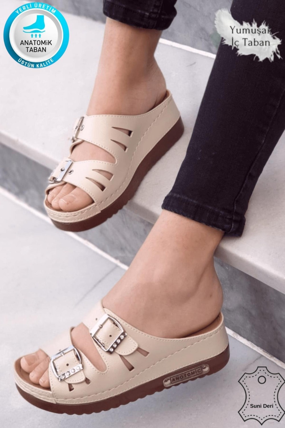 Neon Shoes Darma Kadın Günlük Terlik Çift Bant Taşlı Tokalı Ortopedik Taban Anne Dışarı & Ev İçi Terliği