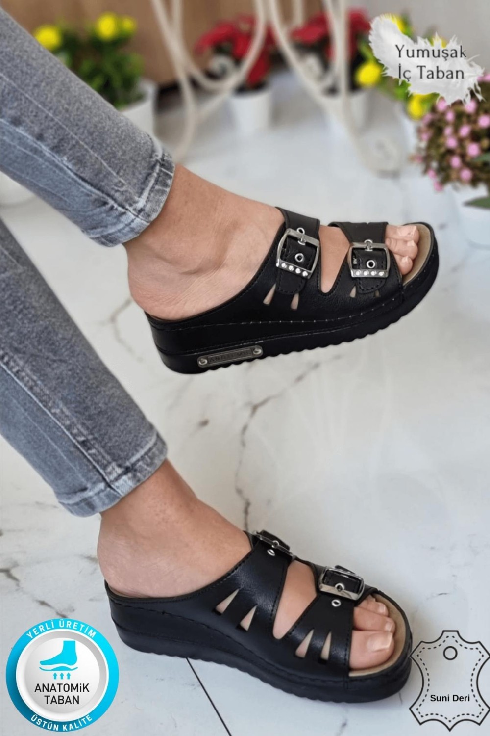 Neon Shoes Darma Kadın Günlük Terlik Çift Bant Taşlı Tokalı Ortopedik Taban Anne Dışarı & Ev İçi Terliği